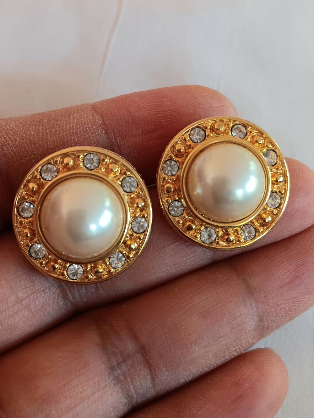 Liz Claiborne Gold Pearl and Crystal Round Stud Earrings